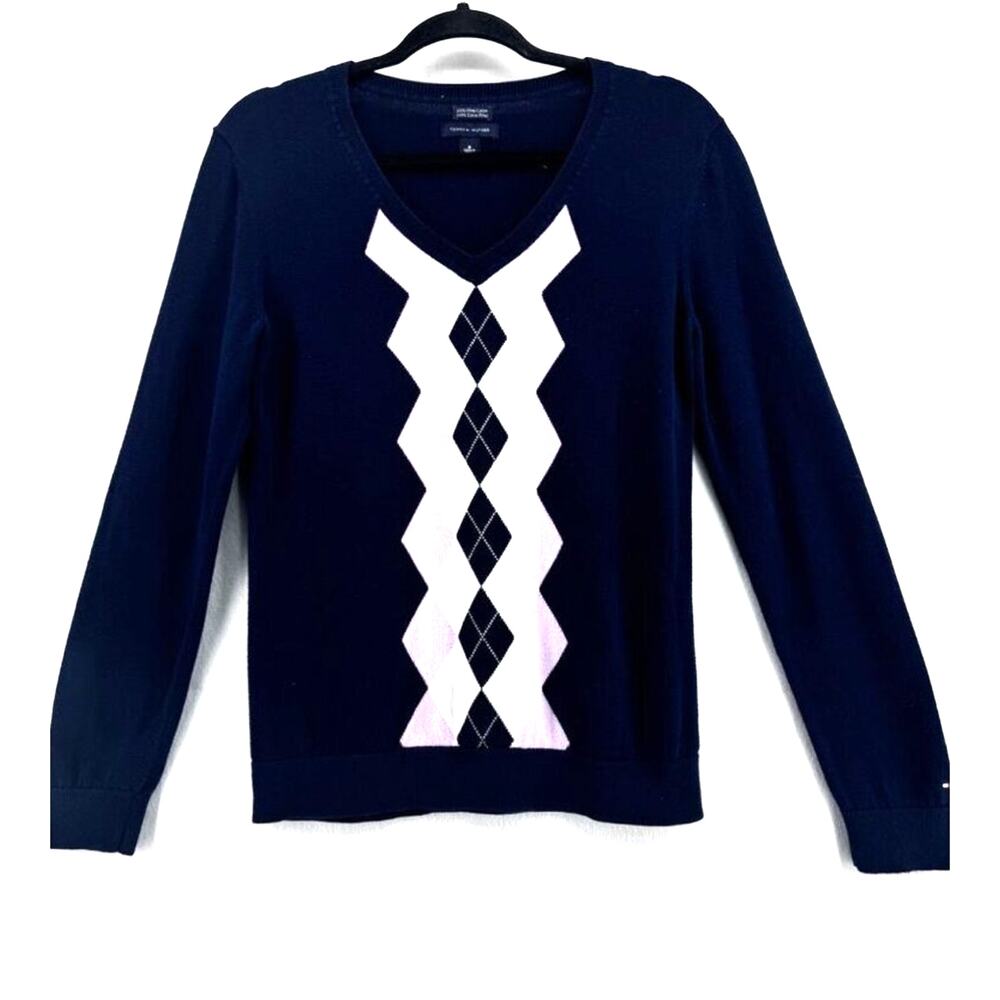 Tommy Hilfiger Women's Classic V-neck Argyle blue long sleeve Sweater sz Medium